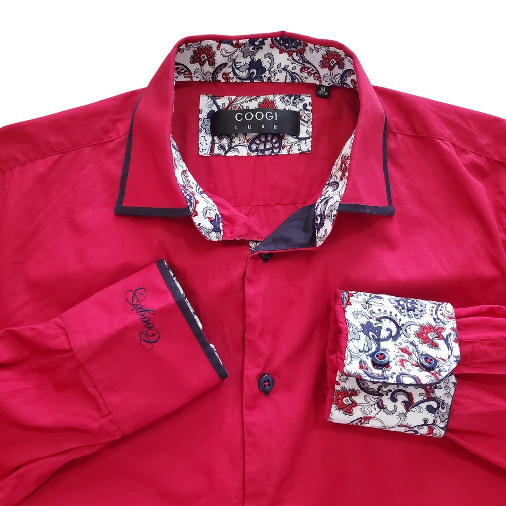 Coogi Luxe Mens Red Button Down Shirt Paisley Trim Long Sleeve Cotton Size M